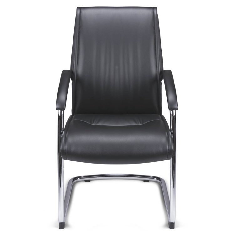 Fauteuil Visiteur Structure luge en acier chromé, accoudoirs manchettes soft touch  Assise & dossier tissu PU façon cuir noir
