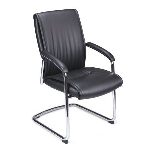 Fauteuil Visiteur Structure luge en acier chromé, accoudoirs manchettes soft touch  Assise & dossier tissu PU façon cuir noir
