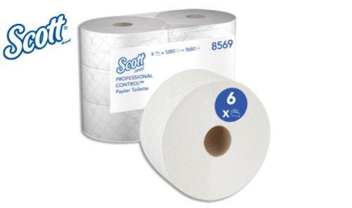SCOTT Paquet de 6 Bobines de Papier toilette Control Jumbo à dévidage central Blanc, 2 plis, 320 m