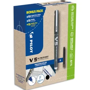 PILOT Greenpack de stylo encre liquide VBALL 05. Comprend 10 stylos + 10 Sets de 3 recharges. Noir