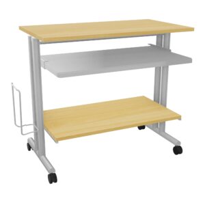 Poste informatique L. 90 cm x P. 50 cm x H. 81 cm mélamine hêtre métal lisse gris clair