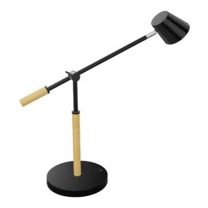 Lampe de bureau AURA H. 18cm/H. 51cm mat métal lisse noir colonne et bras articulé hêtre