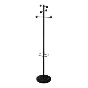 Porte-manteau AURA H. 178 cm base ø 34 cm structure en acier métal lisse noir 6 patères avec embouts en plastique ABS + porte-parapluies (6 emplacement) et égouttoir intégrés