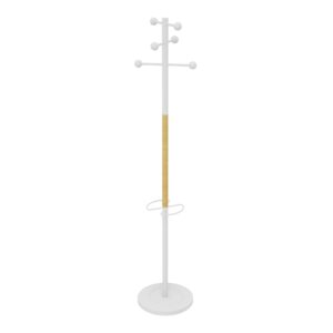 Porte-manteau AURA H. 178 cm base ø 34 cm structure en acier métal lisse blanc/hêtre 6 patères avec embouts en plastique ABS + porte-parapluies (6 emplacement) et égouttoir intégrés
