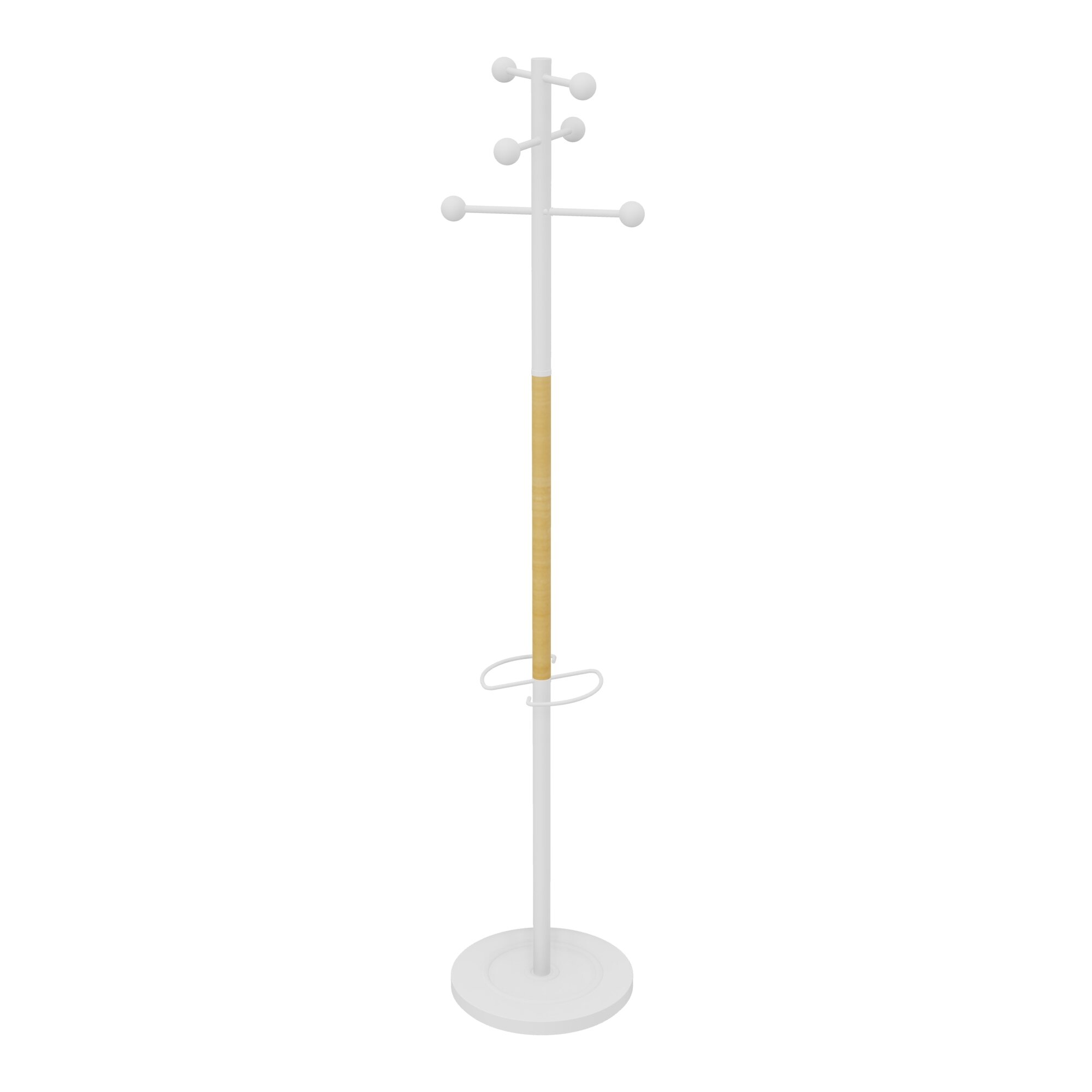 Porte-manteau AURA H. 178 cm base ø 34 cm structure en acier métal lisse blanc/hêtre 6 patères avec embouts en plastique ABS + porte-parapluies (6 emplacement) et égouttoir intégrés