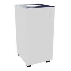 Corbeille de tri sélectif 60L sur roulettes - dessus métal lisse bleu capri - corps métal lisse blanc